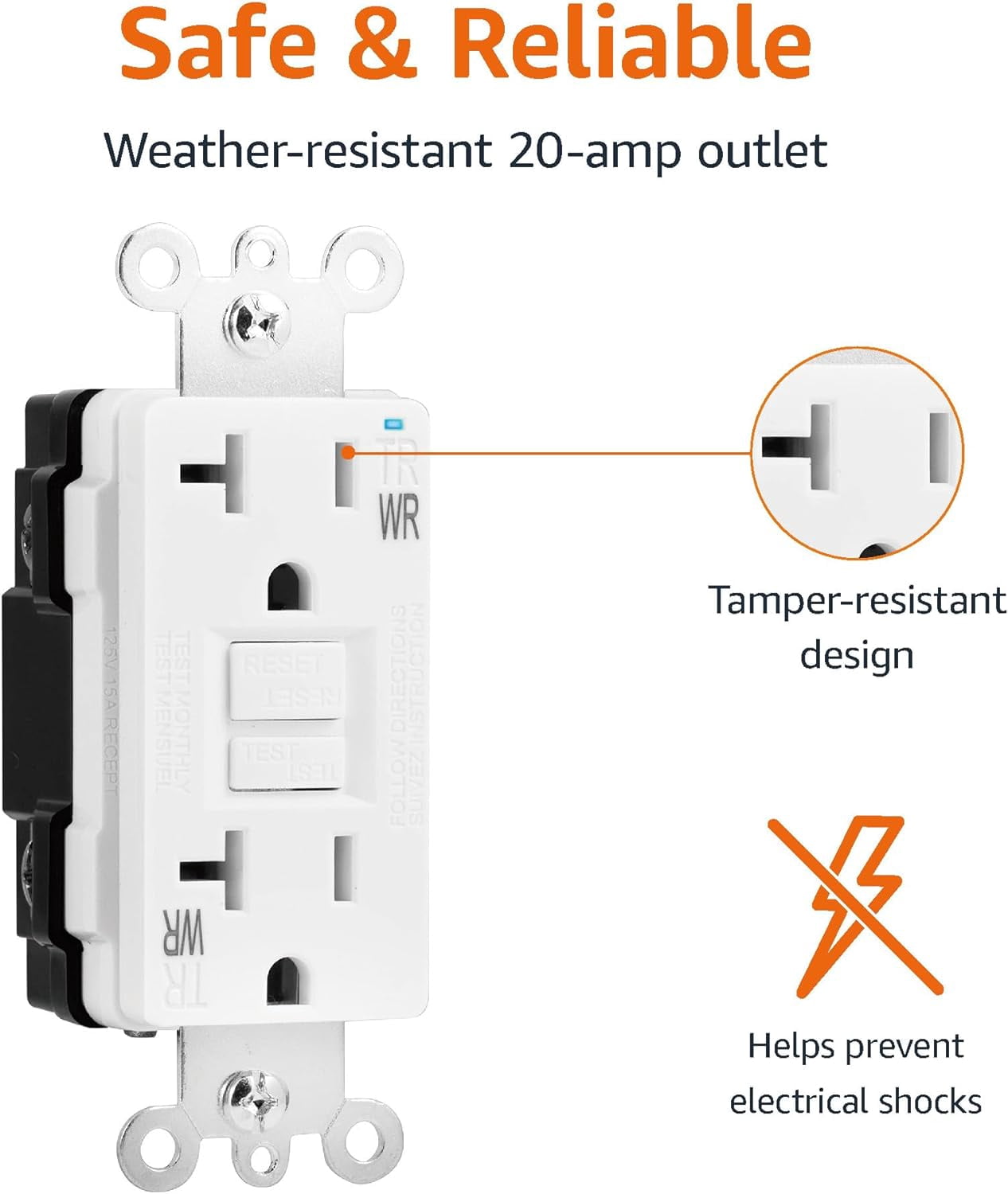 Weather-Resistant Tamper-Resistant GFCI Receptacle with LED Indicator, Self-Test Feature, Ground Fault Circuit Interrupter for Indoor or Outdoor Use, 20 Amp, White