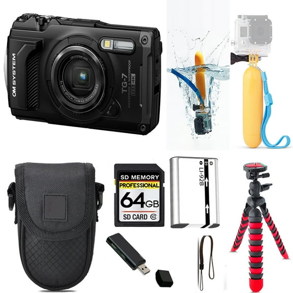 Olympus OM SYSTEM Tough TG-7 Digital Camera (Black)   Floating Hand Grip    Tripod   Case - 64GB Kit