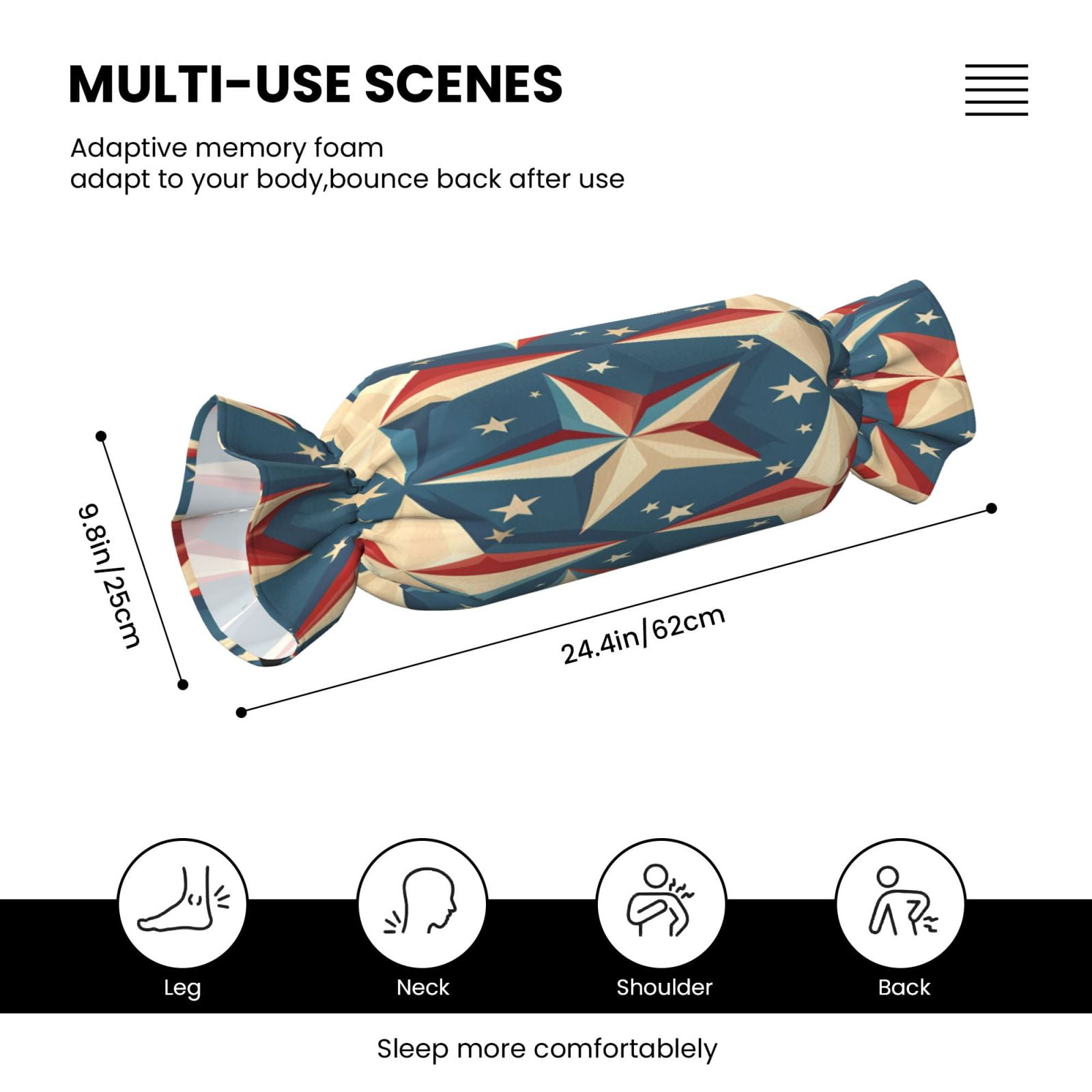 Candy Throw Pillow Travel Cervical Pillow Cylindrical Neck Body Cushion With Insert For Bed Couch Home Decor 9.8x24.4in Independence Day Theme Elements Star (7)