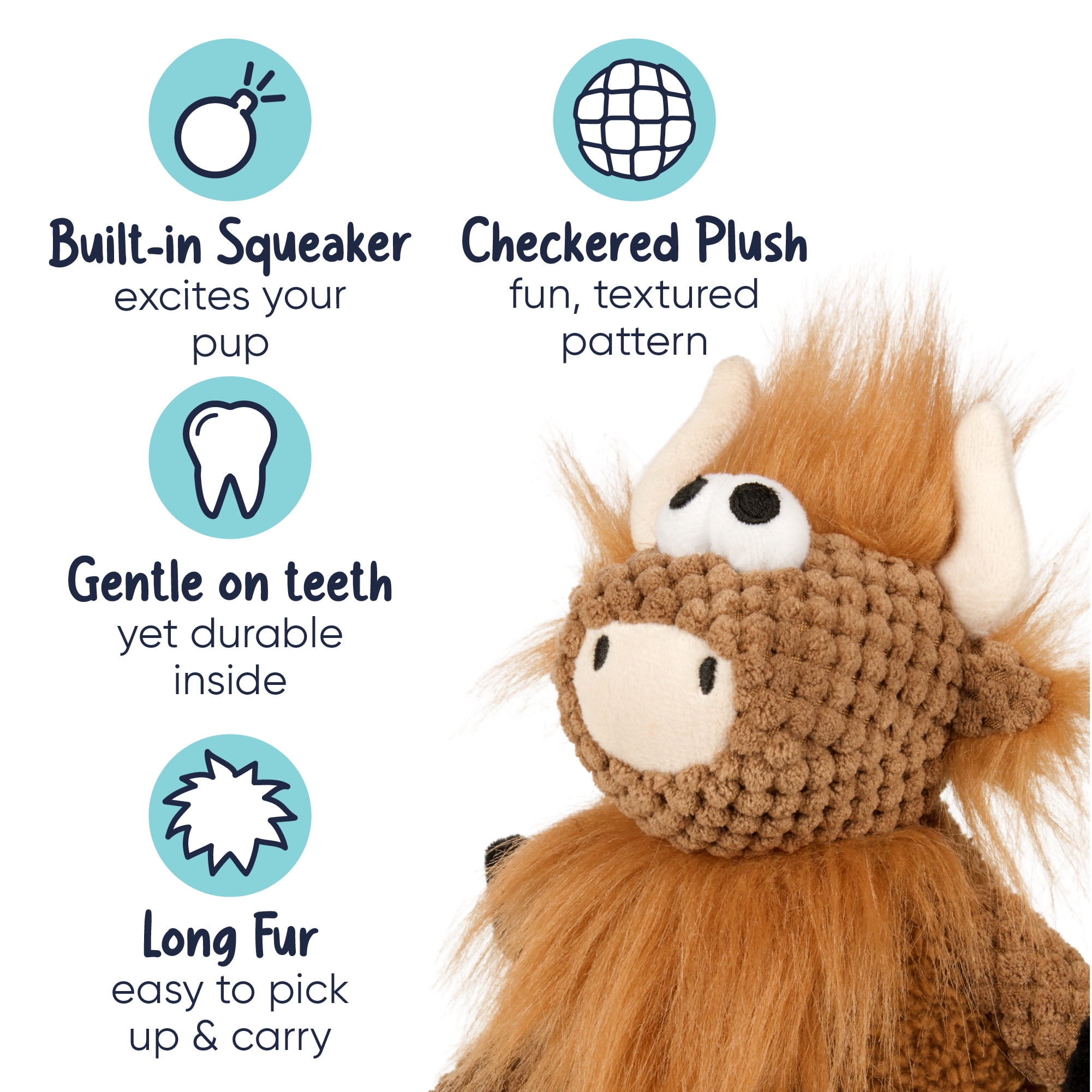 goDog Checkers Sitting Highland Cow Hank Plush Squeaky Dog Toy with Chew Guard Technology