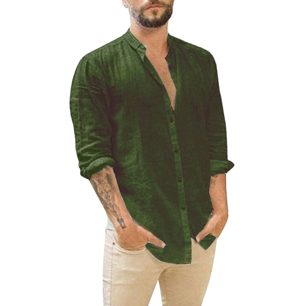 Camisa De Botones Para Hombre Camisa con cuello vuelto Camisa larga Tops Manga con botones Camisas casuales sólidas para hombres (GN1, L)
