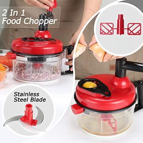 Manual Food Chopper Vegetable Chopper Hand Food Processor, Mixer, Blender, Whipper, Egg White Separator, Mincer, Grinder, Dicer with Clear Container 1200ml BPA Free Strong