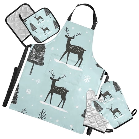 Deers Trees Snowflakes Apron Set with Oven Mitts Pot Holders Set of 5 Kitchen Stuff Accessories