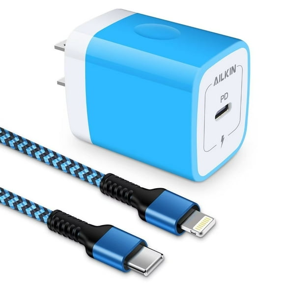 USB C Charger USBC Type C Block, Lightning Cable AILKIN 20W PD USB Wall Charger, iPhone charger, Android Charging Block +Nylon Braided Usb C to Light
