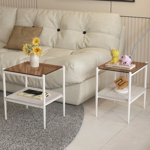 Set of 2 Rectangle End Table|Tempered Glass & MDF|110lbs Load-bearing