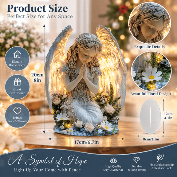 Praying Angel Resin Statue - Peaceful Warm White Angel Figurine, Small Tabletop Decor for Living Room Bedroom Office, Serene Angel Ornament for Shelf Mantel & Calming Home Accent, 8*6in, Colorful