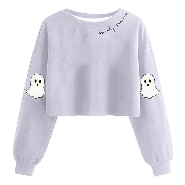 Lcziwo Chandail Court Halloween pour Femmes Mignon Ghost Hauts Graphiques Lanterne Manches Longues Col Rond Chandail Saison Effrayante Mode d'Automne Chandail Gris,TG