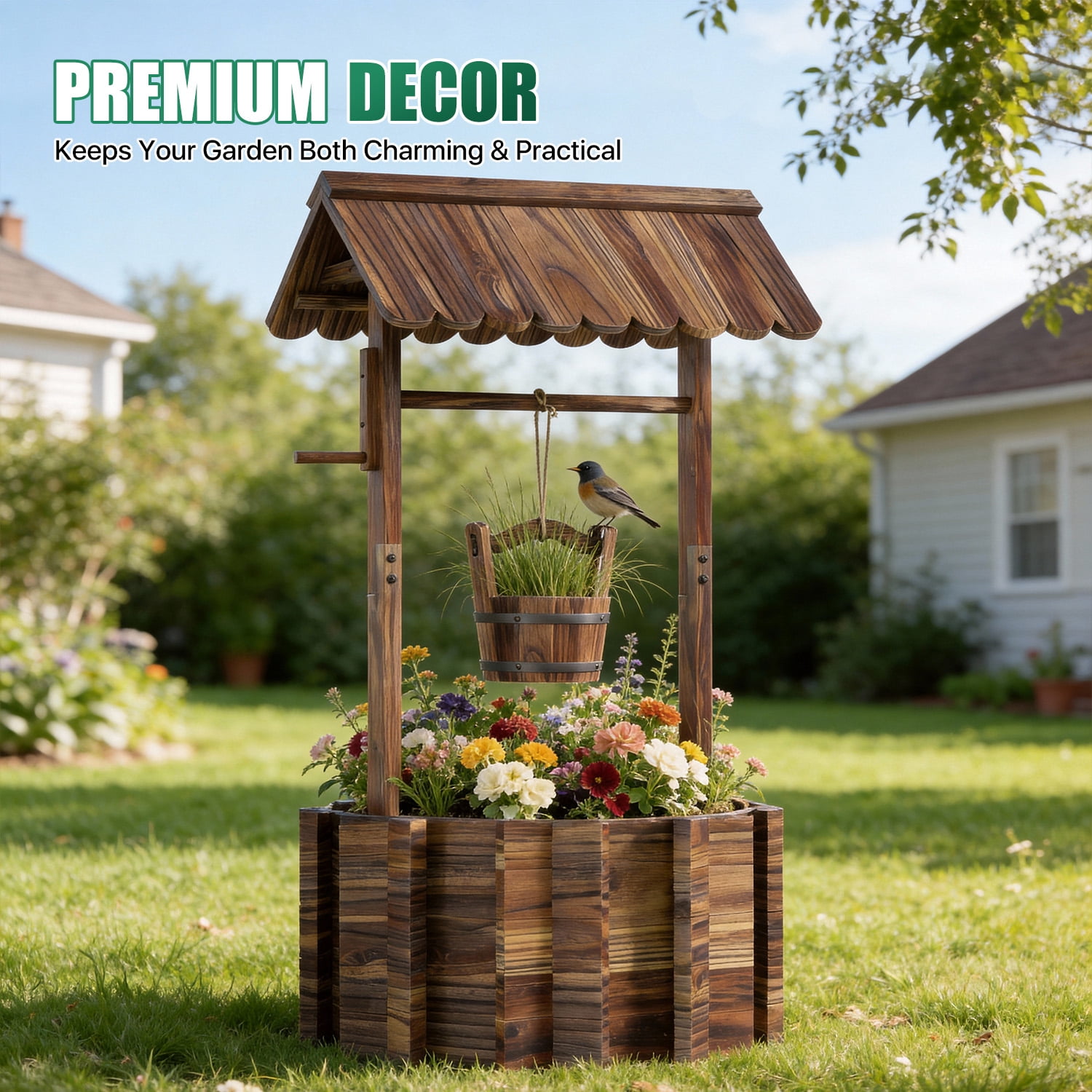 Cloddwell 25" Wooden Wishing Well Planter with Hanging Bucket, Drain Holes, Outdoor Garden Yard Decor Home