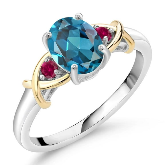 Gem Stone King 925 Sterling Silver and 10K Yellow Gold London Blue Topaz and Red Created Ruby Women Ring , Size 5)1.60 Cttw, Gemstone Birthstone, Size 5)