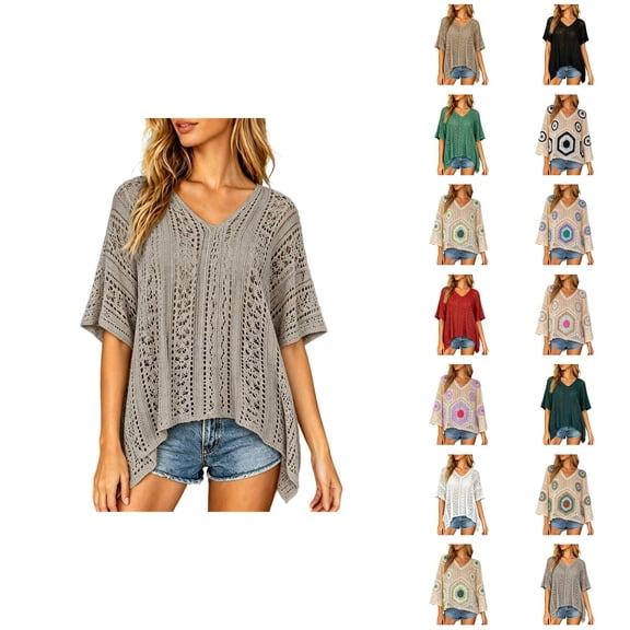Crochet Crop Tops for Women Summer Tank Tops Hollow Out Beach Cover Ups V Neck 3/4 Sleeve Pullover Sweater Shirts