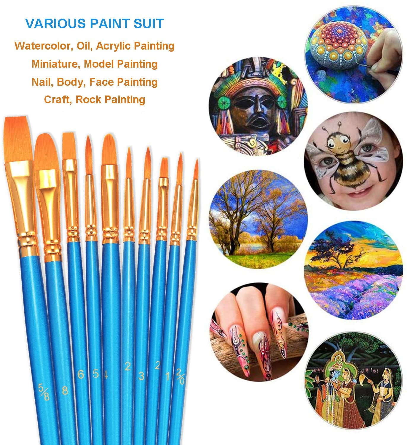 PRINxy Paint Brushes Set, 1 Pack 10 Pcs Plastic Rod Oil Brush Set Painting  Watercolor Hand Painted Art Brush Oil Brush Set,Face Nail Art,Miniature  Detailing and Rock Painting Sky Blue 10PC 