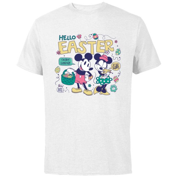 Disney Mickey Mouse and Minnie Mouse Hello Easter Retro - Short Sleeve Cotton T-Shirt for Adults - Customized-White