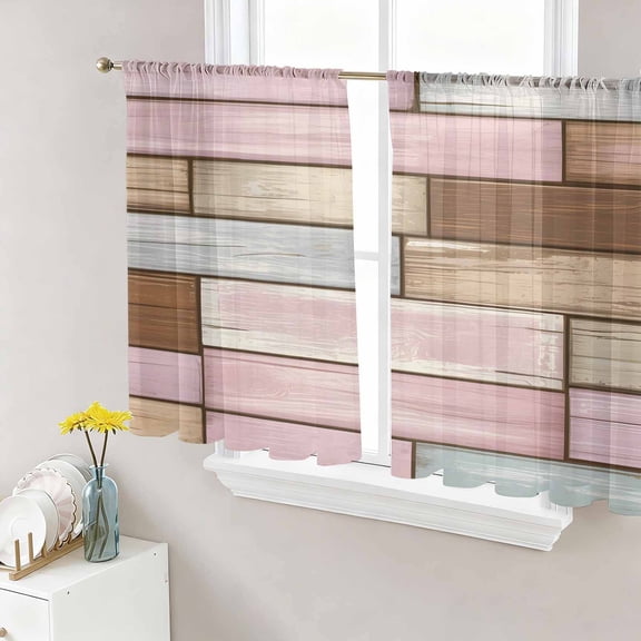 Sheer Curtains 54 Inch Length 2 Panels Set for Kitchen, Pink Brown Vintage Semi Sheer Curtains for Windows, Retro Farmhouse Elegant Pastoral Voile Window Treatments Rod Pocket Curtain