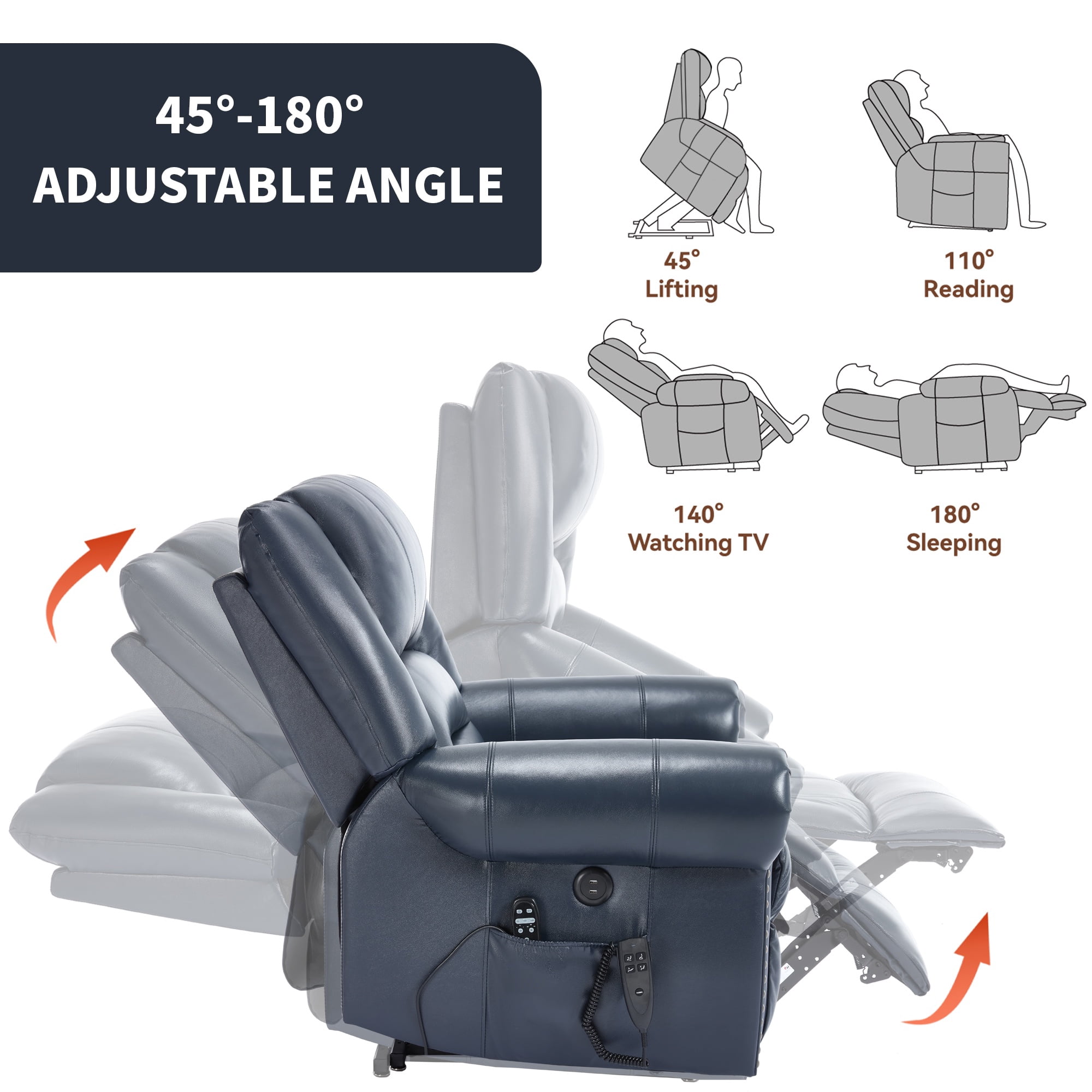 LEGAHOME Genuine Leather Power Lift Recliner Chair, Electric Infinite Position Lift Chair for Elderly with Heated and Massage, Reclining Sofa with USB Charging Port and Dual Motor, Blue