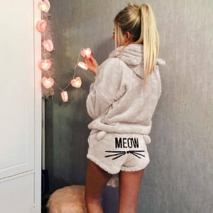 

Solid Color Two Piece Cute Cat Pajamas Hoodie Sleepwear