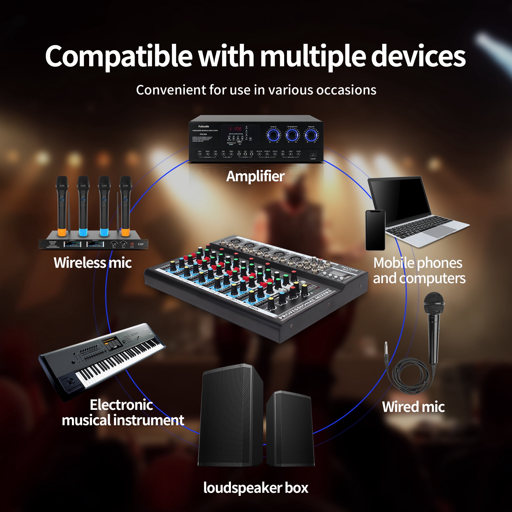 FULODE 7-Channel Audio Mixer USB Bluetooth MP3 Computer Input 48V Phantom Power DJ Controller Audio Mixing Console System