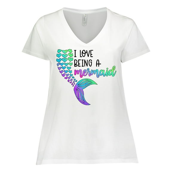 Inktastic I Love Being a Mermaid Colorful Heart Mermaid Tail Women's Plus Size V-Neck T-Shirt