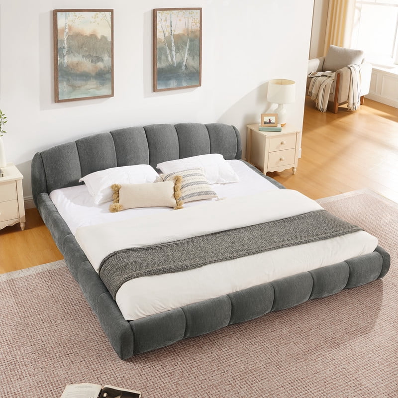 Queen/King Size Upholstered Platform Bed Frame, No Box Spring Required Low Profile Floor Bed with Padded Headboard & Footboard