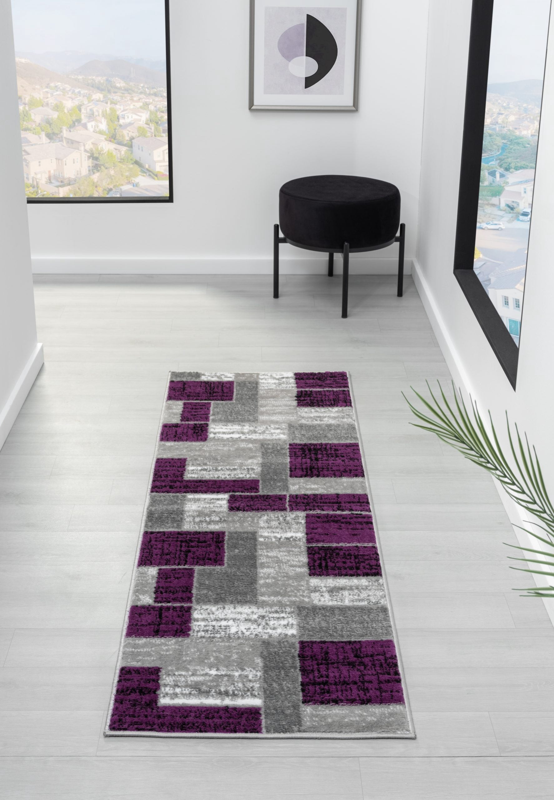 L'Baiet Verena Geometric Area Rug Purple Grey 2' x 6' Small Throw Rugs Carpet for Living Room, Bedroom, Dining Table, Office, Hallway, Foyer | Neutral Colorful Modern Abstract Home Decor