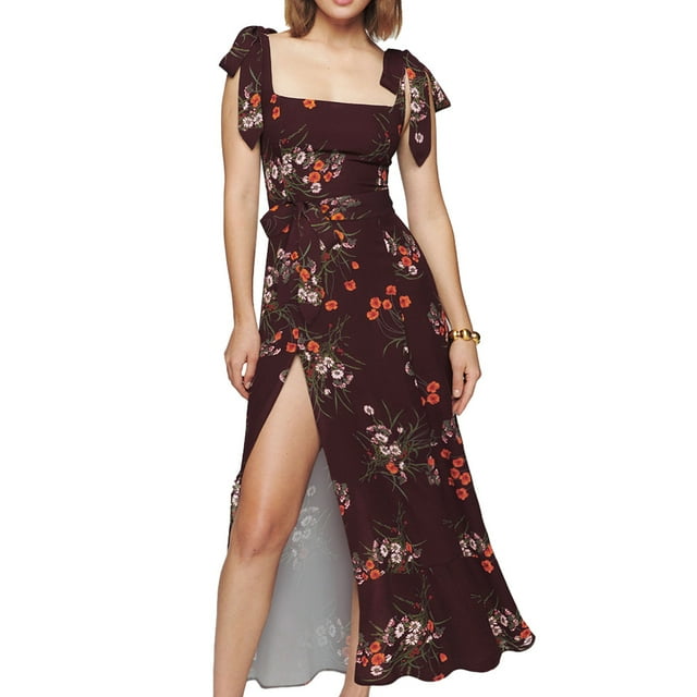 Vestido largo carmesí con cuello cuadrado elegante para mujer Vestido con abertura retro informal con tiras y estampado floral Adepaton BST3005860-3