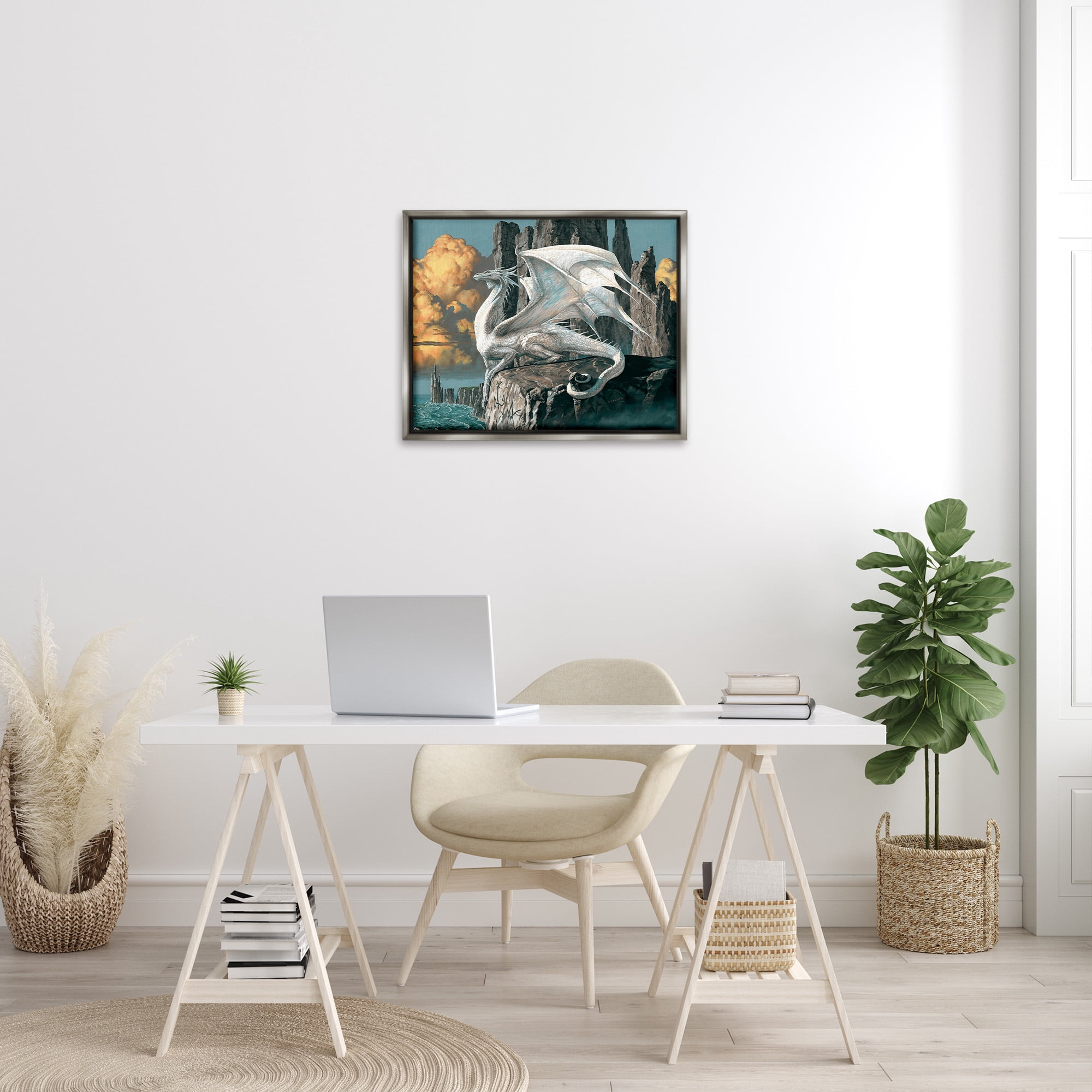 Stupell Industries Dragon Perched on Cliff Fairy Tales & Fantasy Painting Gray Floater Framed Canvas Art Print Wall Art, 31 x 25