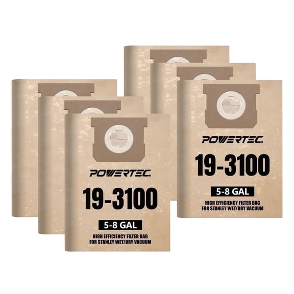 POWERTEC 6PK 19-3100 Shop Vac Bags for Stanley 5-8 Gal Wet Dry Vac, Replacement Vacuum Bags for Stanley SL18116P, SL18115P & Porter Cable Shop Vacuums, 75101-P2N