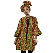BintaRealWax Women African Print Clothing Dashiki Three Quarter Sleeve Trench Coat for Women Plus Size Africa Clothes Tops with Headtie WY2322