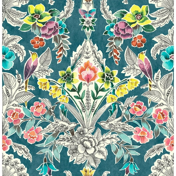 NuWallpaper Teal Summer Love Vinyl Peel And Stick Wallpaper, 216-in by 20.5-in, 30.75 sq. ft.