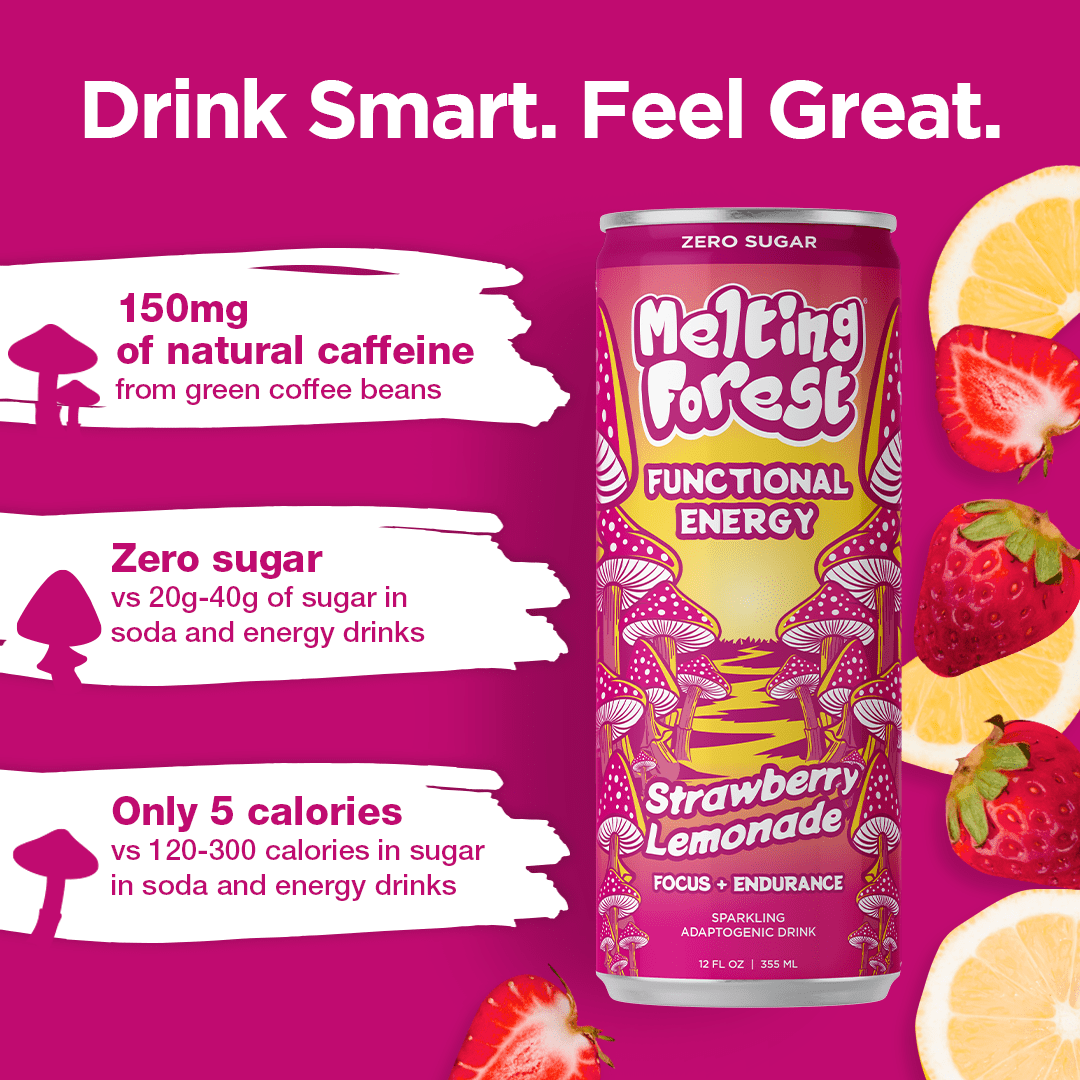 Melting Forest Strawberry Lemonade Mushroom Energy Drink, Lion's Mane, Cordyceps, 12 Pack