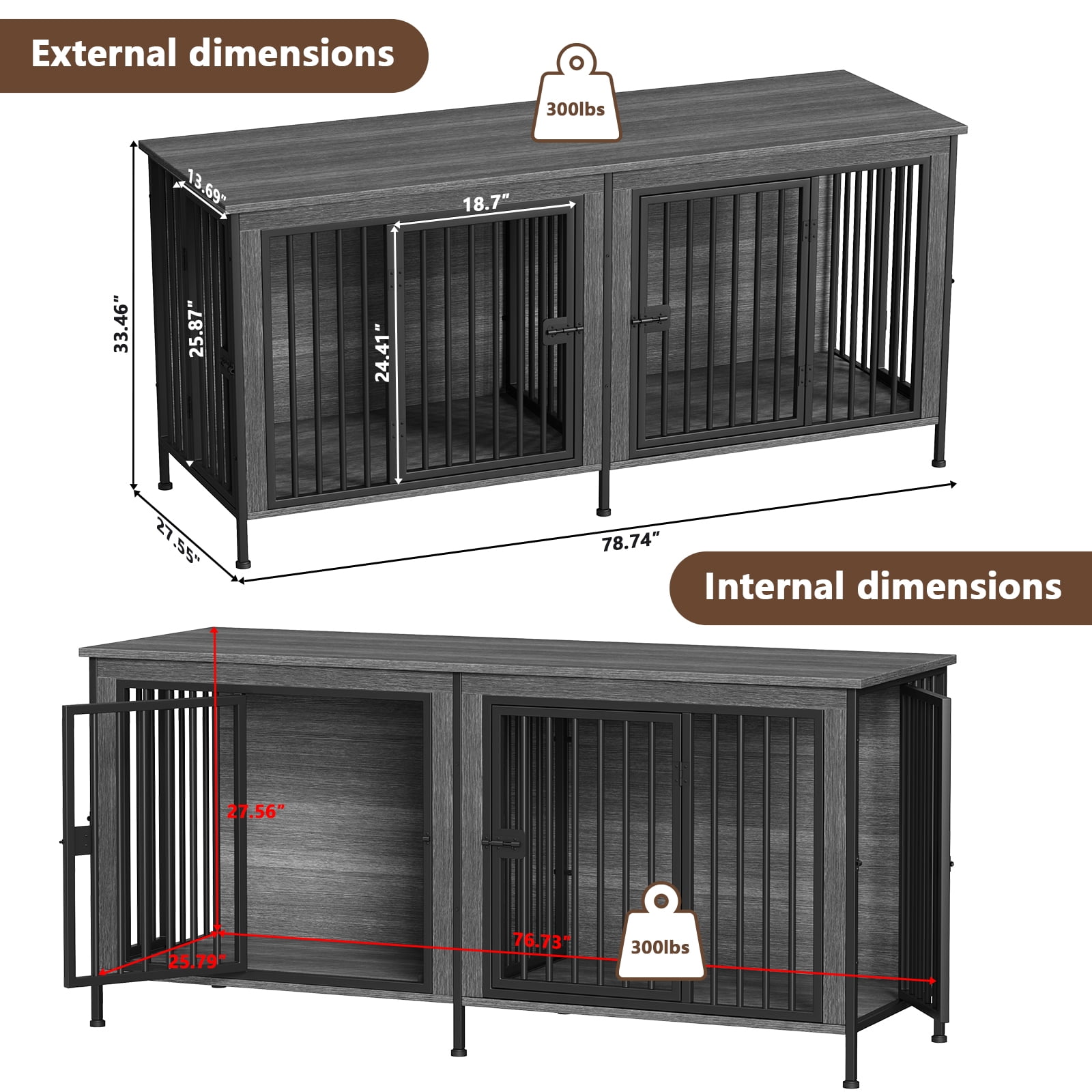 EasyCom 78" Dog Cage Furniture for 2 Dogs,Extra Large Double Dog Crate Furniture Large Breed,Wooden Dog Kennel Furniture TV Stand,Dark Gray