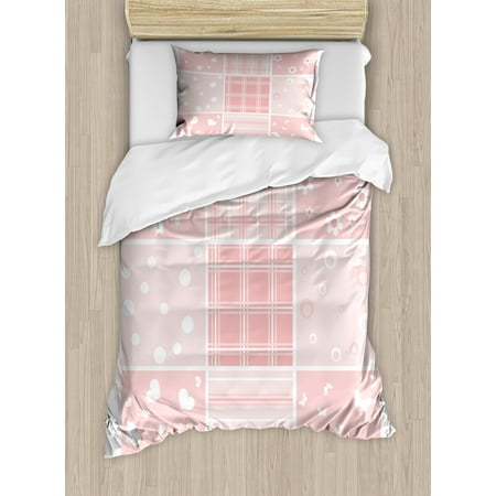 Matching Crib And Twin Bedding Sets Baby Duvet Cover Set, Abstract Checkered Squares with Different Designs Stars Hearts Flowers Lines, Decorative Bedding Set with Pillow Shams, Pale Pink Rose White, by Ambesonne ()