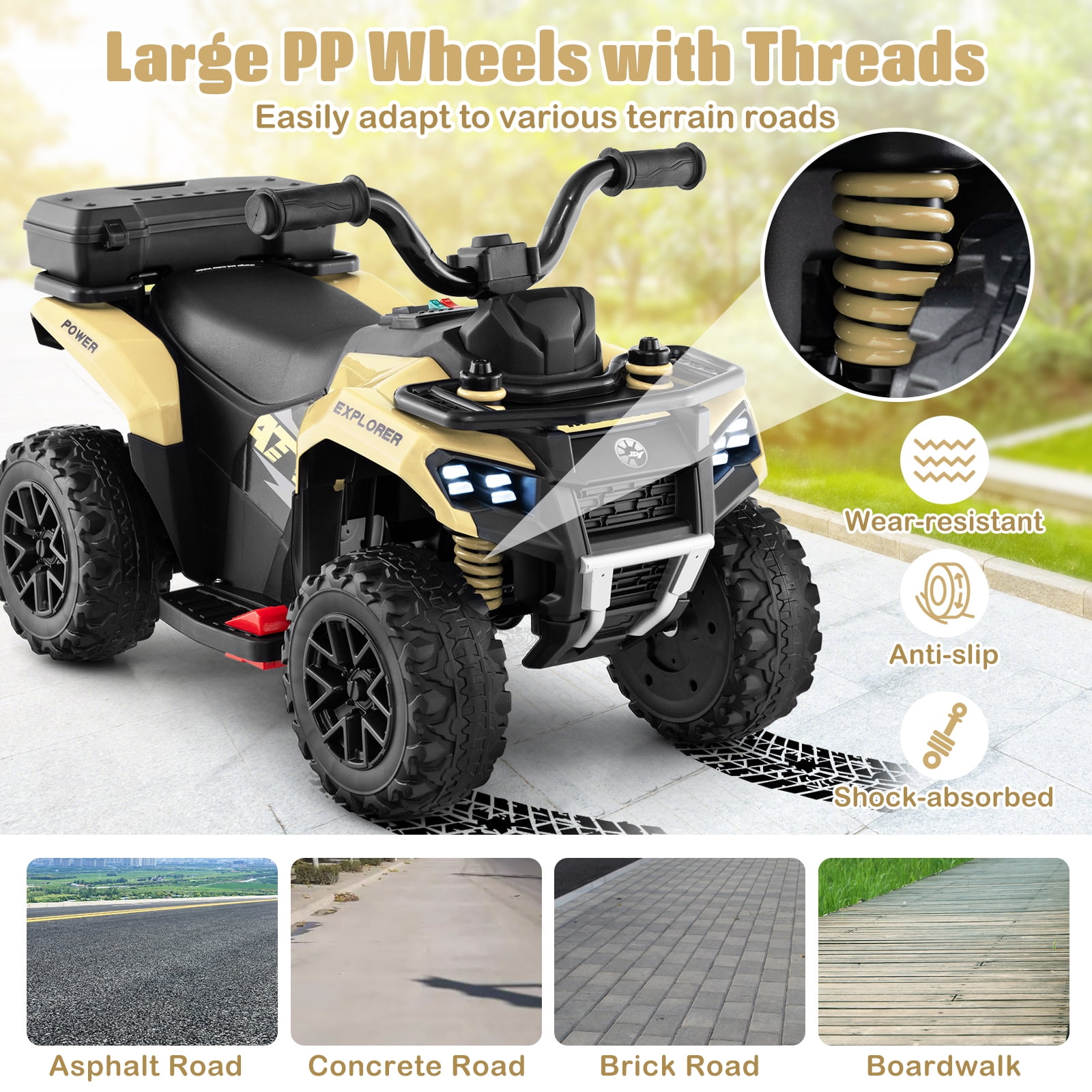 Costway 6V Toddler Ride On Electric Car ATV with Lights & Music & USB Port Storage Box Toy Car Khaki