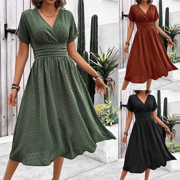 Tqcoqu Women's Maxi Dress V Neck Short Sleeve A Line High Waist Swing Casual Trendy Summer Dresses,Black,Women's S-XXL