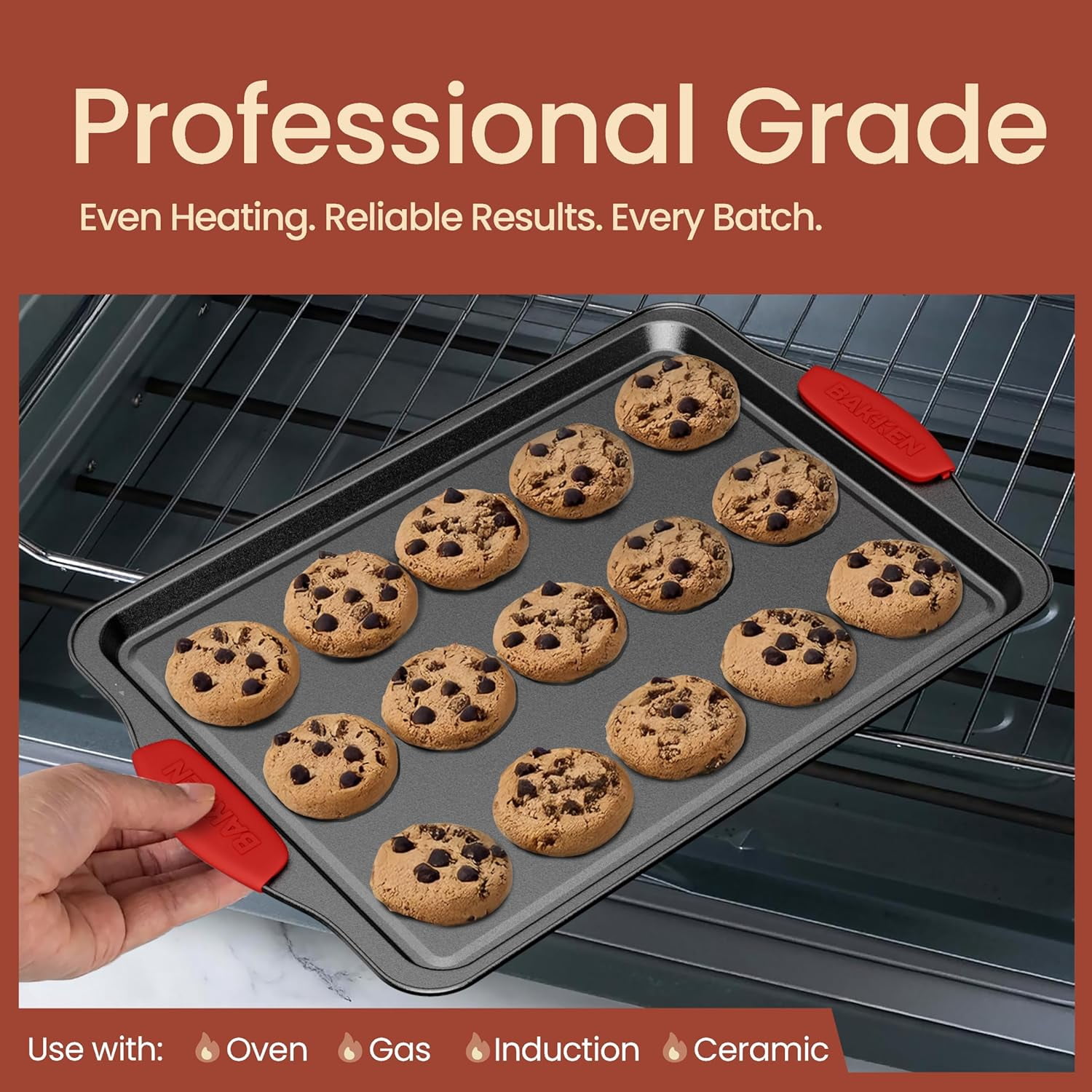 Bakken- Swiss Kitchen Baking Pans - Medium (15.15 × 10.03") and Large (17.1 x 11.8") Nonstick Sheets, Carbon Steel Cookie Sheets with Gray Silicone Handles Oven Safe (450°F), Set of 2