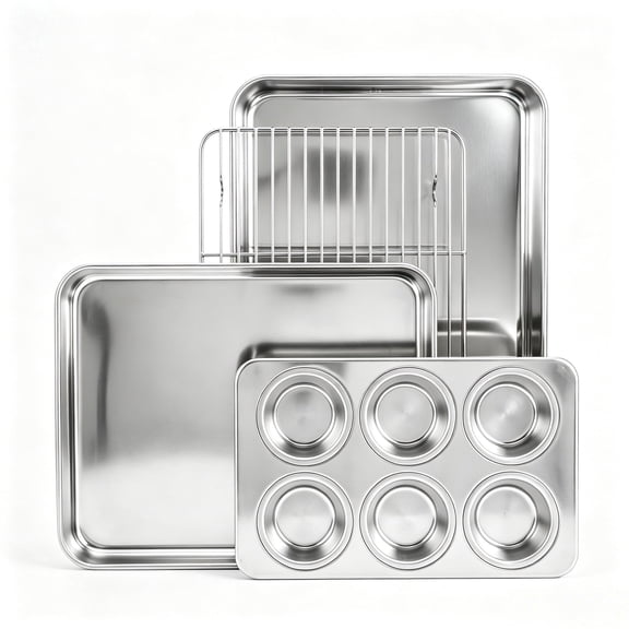 Vesteel Bakeware Set, 4-Piece Stainless Steel Baking Pan Set for Oven, Include 12.4" Baking Sheet with Rack/ Rectangle Cake Pan/ 6-Cup Muffin Pan, Non-Toxic & Dishwasher Safe