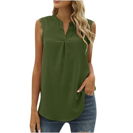 

Women Blouses Lace Panel Sleeveless V Neck Tank Tops Summer Solid Color Blouses Trendy Loose Shirts Shirts