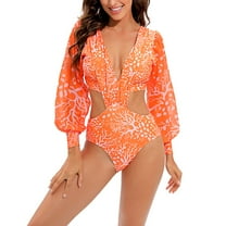 SWSMCLT Women's Swimwear Beach Cut Out One Piece Swimsuit Long Sleeve V Neck Sexy Floral/ Printed/ Solid Bathing Suit Orange Medium