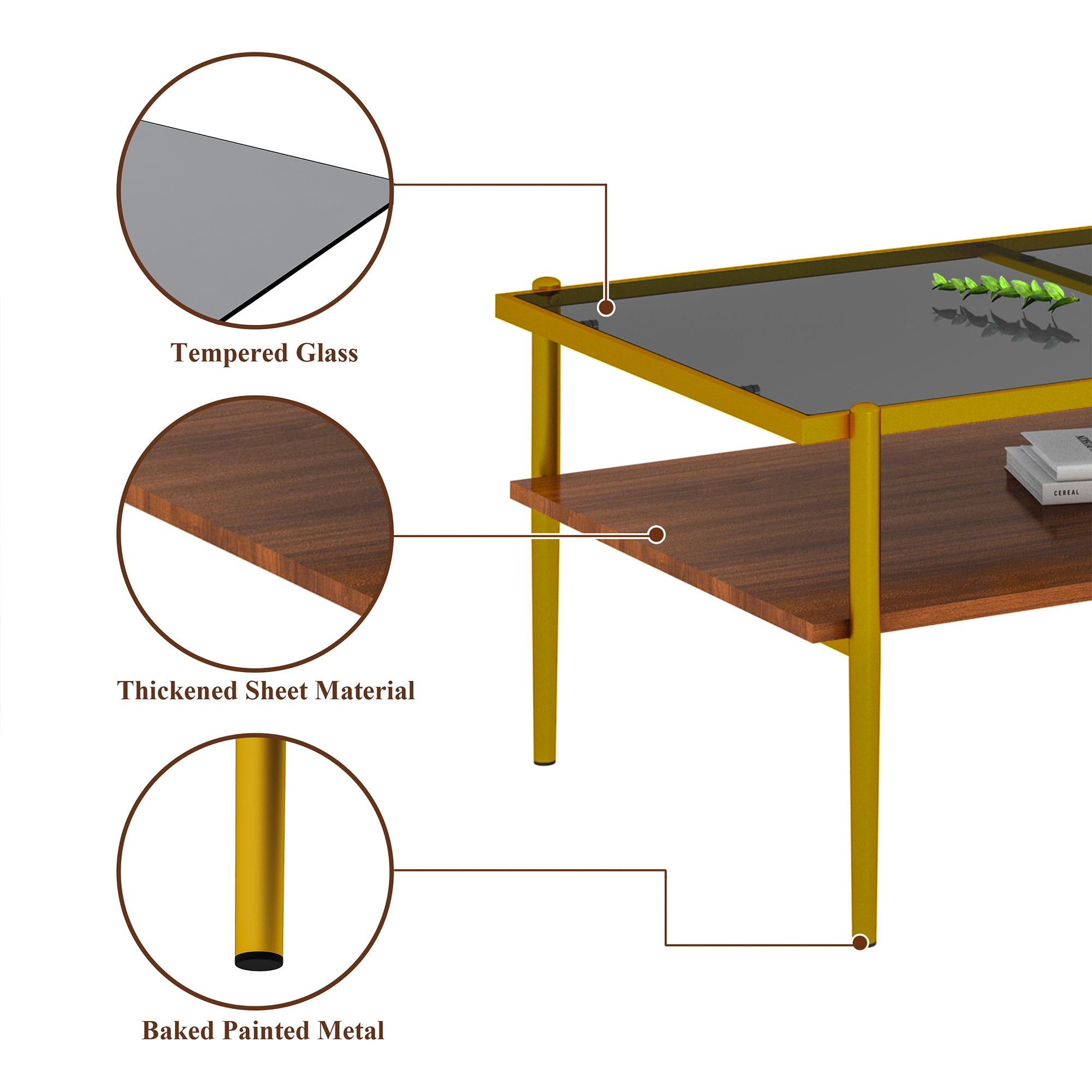 Modern Coffee Table, Tempered Glass Tabletop, Rectangle Coffee Table with Sturdy MDF Base and Golden Iron Legs, Easy Assembly Living Room Furniture, 38.39 Inch Length, Gray Color