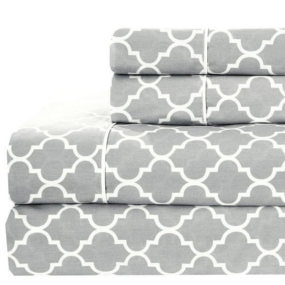 Royal Hotel Bedding Meridian Gray and White Brushed Percale Cotton Sheets, 4pc Queen Bed Sheet Set 100% Cotton, Superior Percale Weave, Crispy Soft, Deep Pocket, Modern Reactive Print