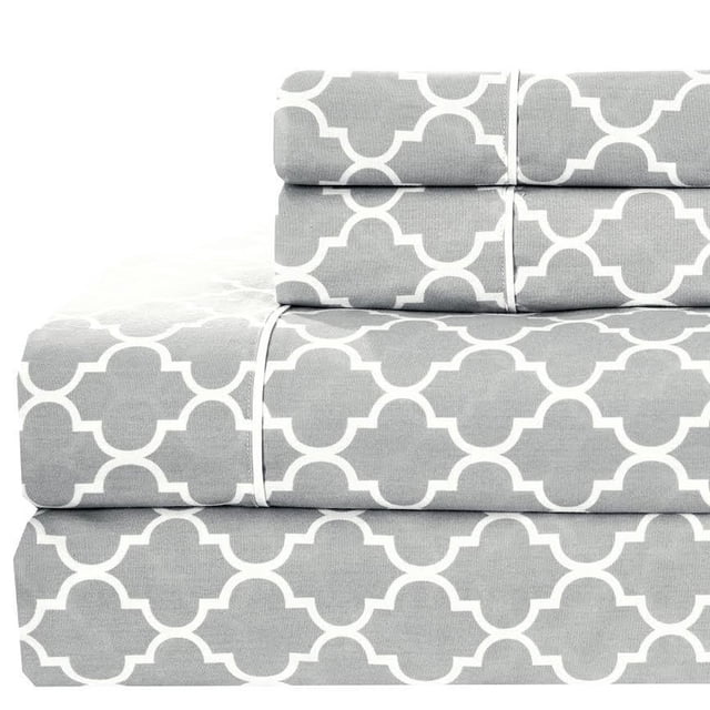 Royal Hotel Bedding Meridian Gray and White Brushed Percale Cotton Sheets, 4pc Queen Bed Sheet Set 100% Cotton, Superior Percale Weave, Crispy Soft, Deep Pocket, Modern Reactive Print