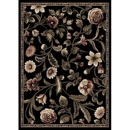 - Transitional Area Rug Tropical Black Floral Leaves Vines Bordered Rug