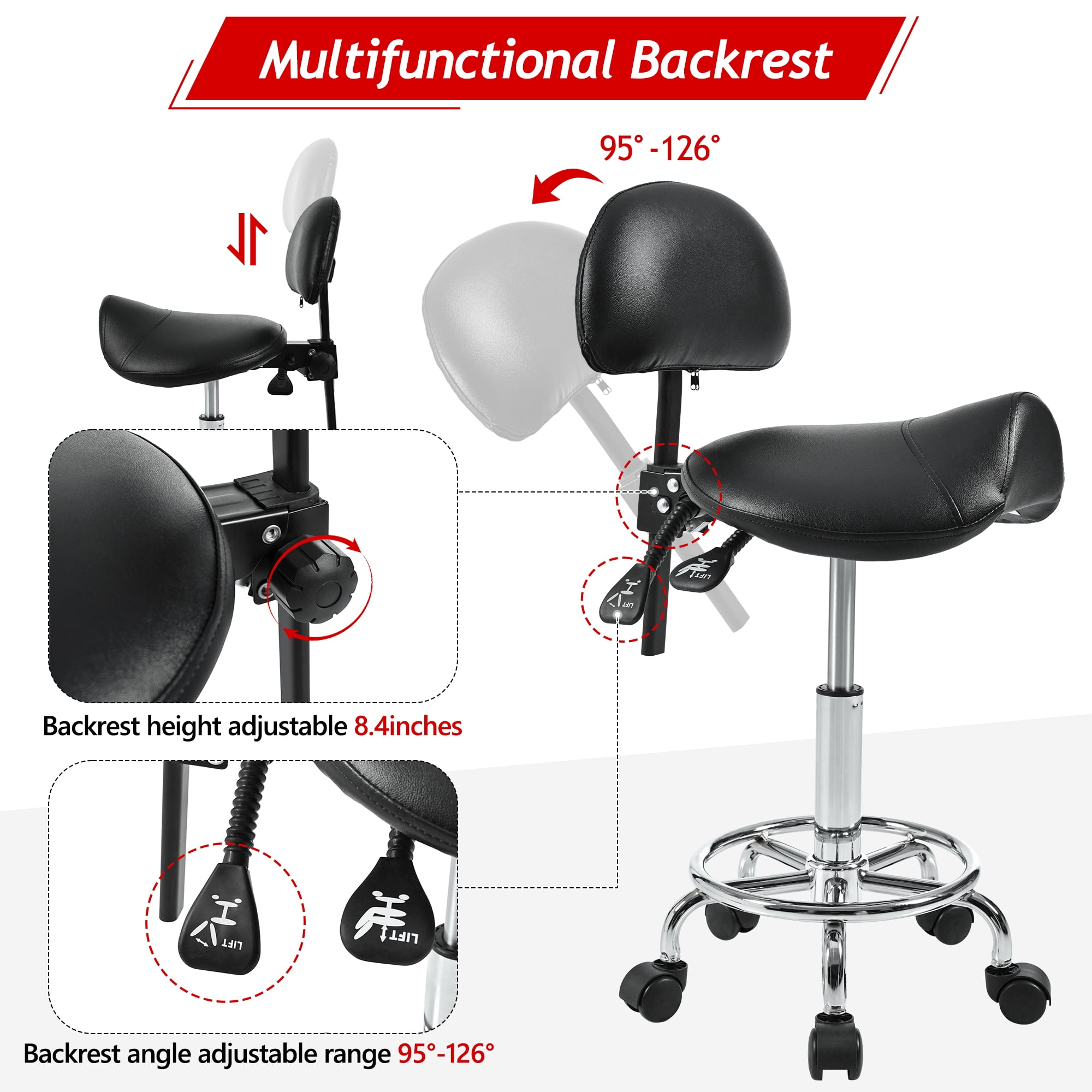 Leumius Saddle Stool with Back Support,Swivel Rolling Stools with Foot Rest,Ergonomic Adjustable Stool with Wheels,Backrest Adjustable Height & Angle for Salon Spa Tattoo Massage, Black