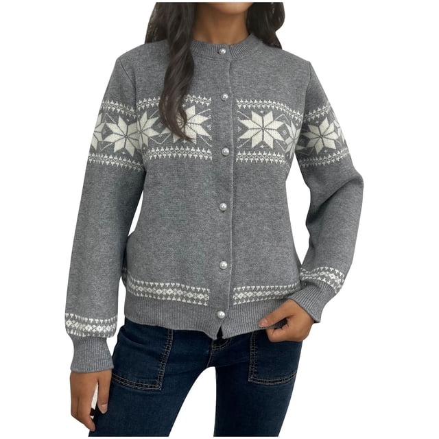 WRKEKC Veste Chandail pour Femmes Imprimé Flocon de Neige Col Rond Tricoté Veste Surdimensionnée pour Femmes Tenue Décontractée de Noël