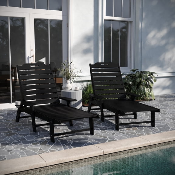 Merrick Lane Gaylord Set of 2 Adjustable Adirondack Loungers with Cup Holders- All-Weather Indoor/Outdoor HDPE Lounge Chairs in Black
