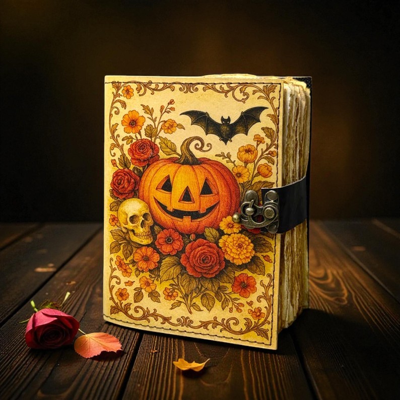 Pumpkin Leather Journal – Halloween Witchy Grimoire Notebook, Handmade 5x7 Inch Journal, 200 Deckle Pages, Wiccan Pagan Spellbook