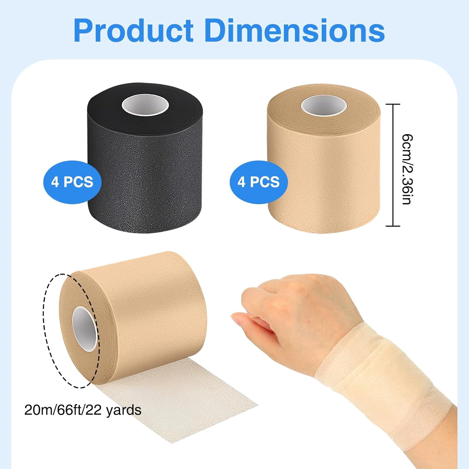 8 Rolls 6 cm x 20 m Pre Wrap Sports Tape, Non Adhesive Underwrap Sports Tape for Hair Ankles Wrists Hands and Knees
