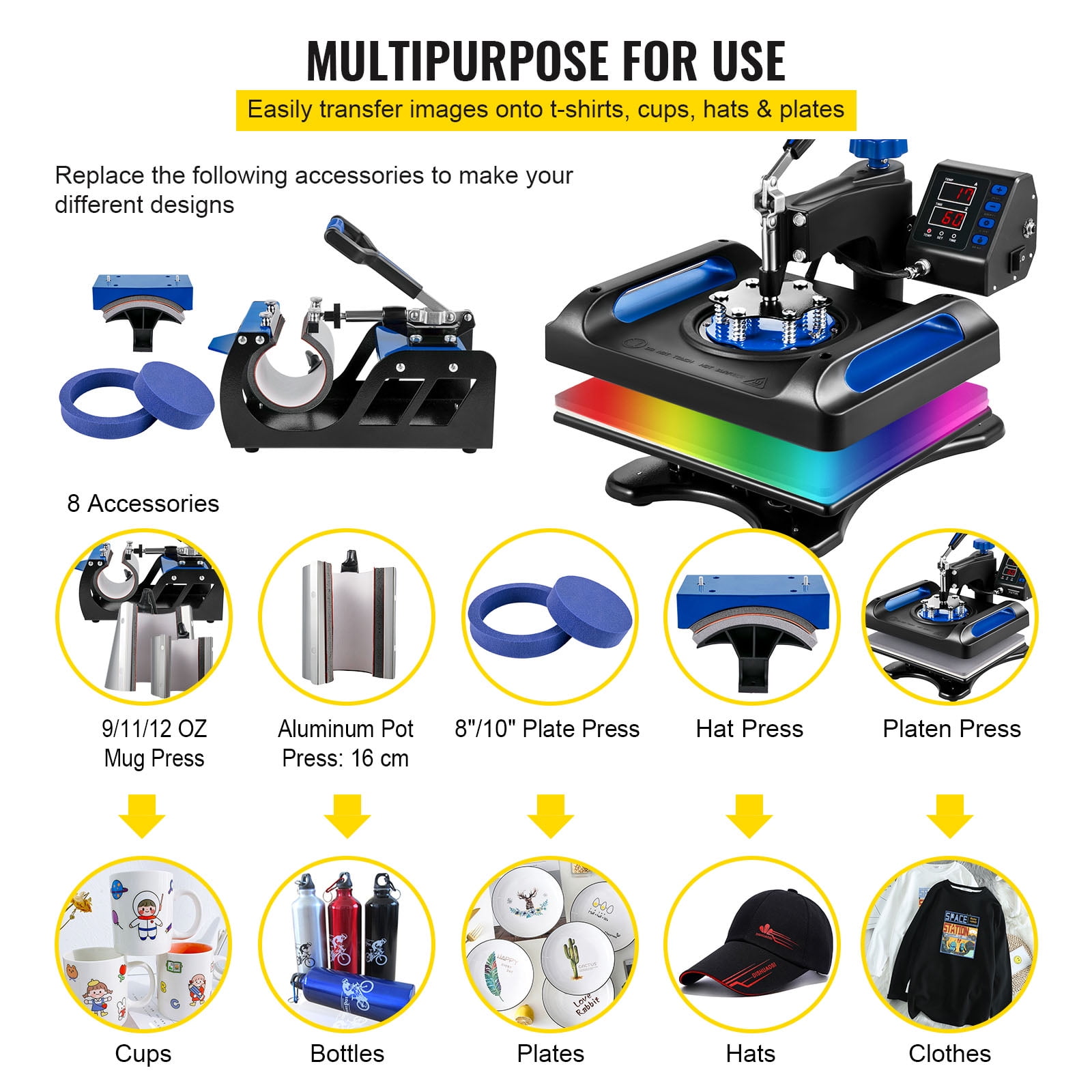 BENTISM Heat Press Machine 8 in 1,12" x 15" Dual-Tube Heating Press Sublimation Machine 360° Rotation Swing Away T-Shirt Printing Machine Dual-Tube Heating for DIY T-Shirts Cap & Mugs Blue