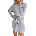 thumbnail image 3 of Xuanfei Women Crossover V Neck Long Sleeve Tie Waist Open Back Rib Mini Dress, 3 of 7