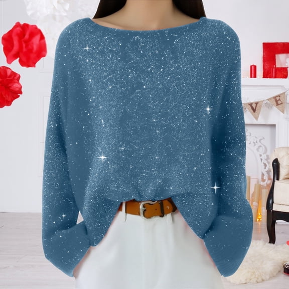 Womens Shirts Sequin Top Blue Long Sleeve Sparkle Shirt Glitter Tops Sequin Holiday Tops Holiday Outfits for Women