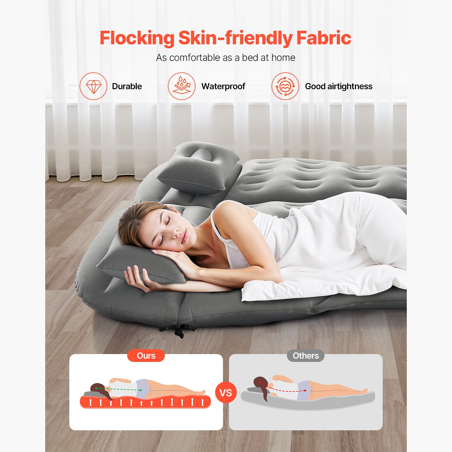 KFFKFF Inflatable Car Air Mattress, Comfortable Travel Sleeping Pad with Flocking Surface, Durable and Portable Design, Includes Air Pump, Nozzle, and Carry Bag, Compatible with Most SUV, MPV
